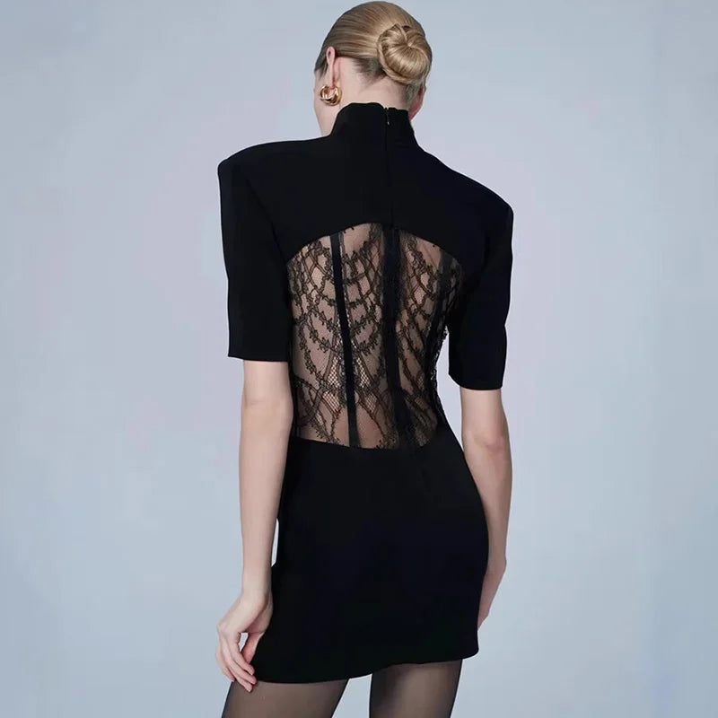 Patchwork Backless See Through High Waist Mini Dress