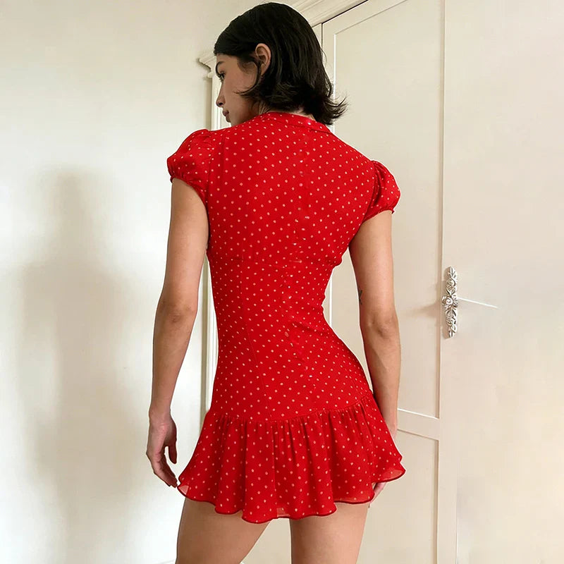 Printed V-Neck Pleated Slim Mini Dress