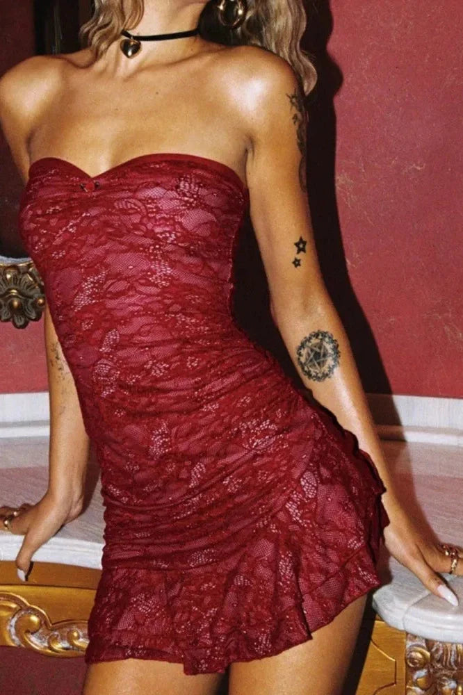 Lace Off-shoulder Strapless Sleeveless Backless Mini Dress
