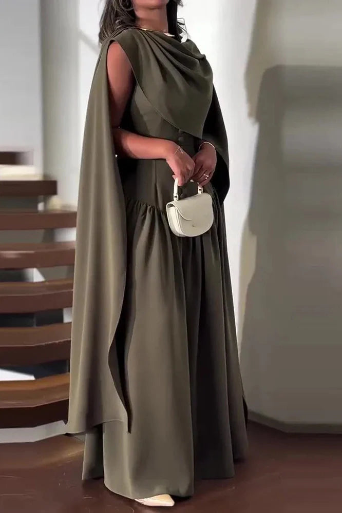 Elegant Sleeveless Shawl Collar Pleat Maxi Dress
