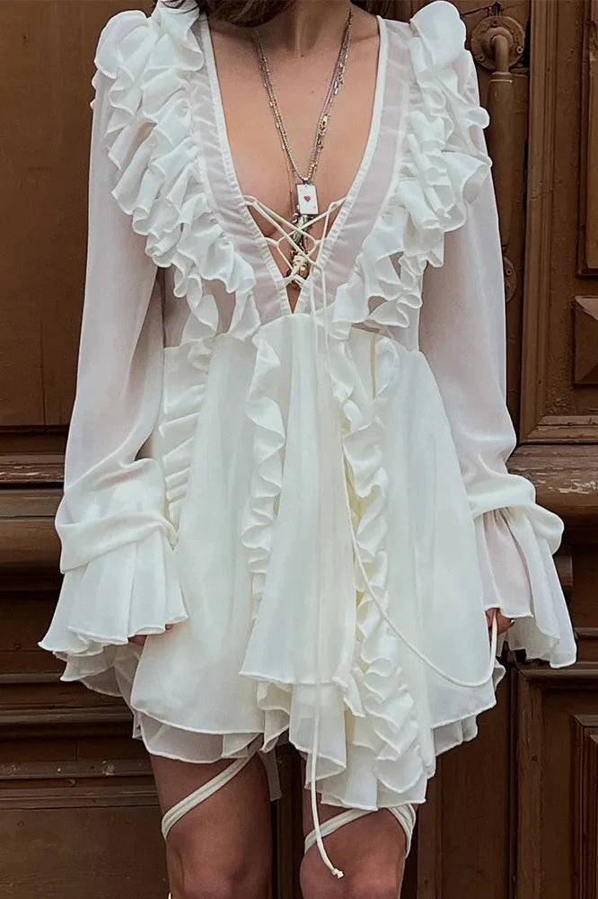 Elegant Long-Sleeved V-Neck High-Waisted Mini Dress