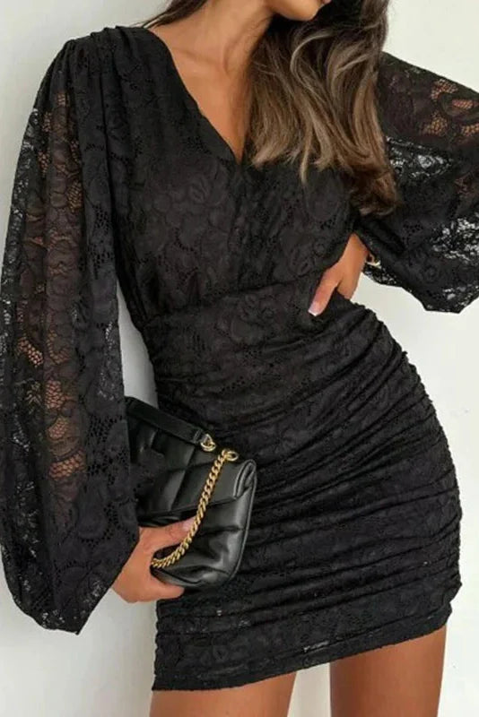 Elegant Slim High Waist Pleated Lace V-Neck Long Sleeve Mini Dress