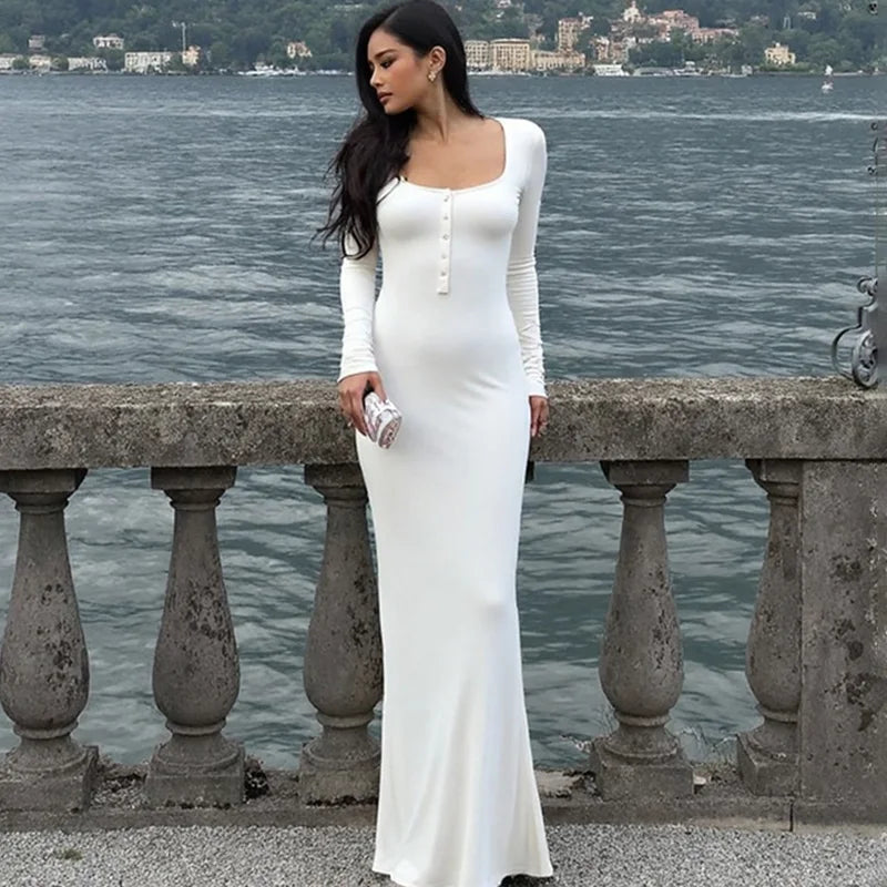 Button Square Neck Long Sleeve Maxi Dress