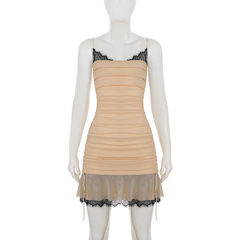 Lace Spaghetti Strap Slim Pleated Mini Dress