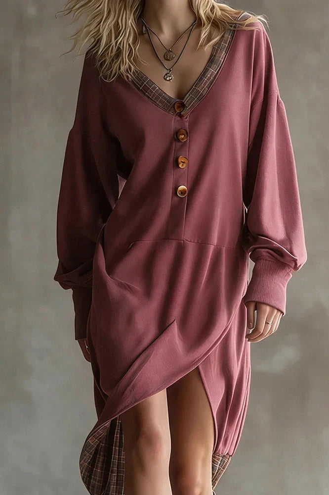 Long Sleeve V-Neck Button Split High Waist Irregular Midi Dress