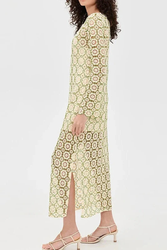 O-Neck Loose A-Line See-Through Printed Maxi Dress