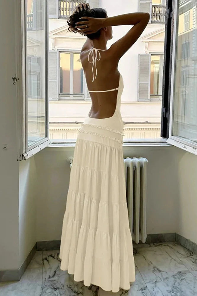 Backless Pleated Sleeveless High Waist Lace-Up A-Line Maxi Dress