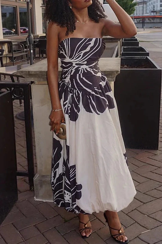 Off Shoulder Sleeveless High Waist Printed Pleated Maxi Dress