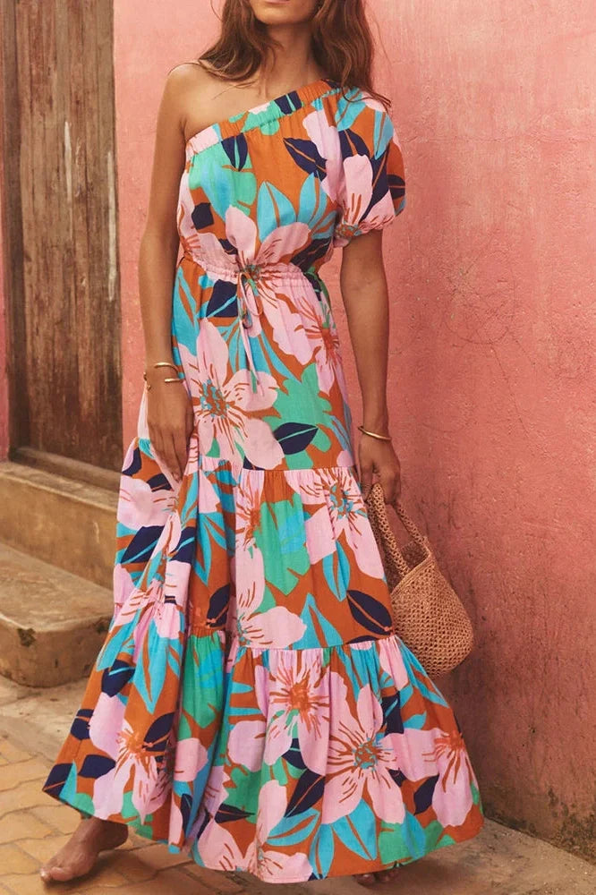 Printed High Waist Pleated One-Shoulder Sleeve Maxi Dress