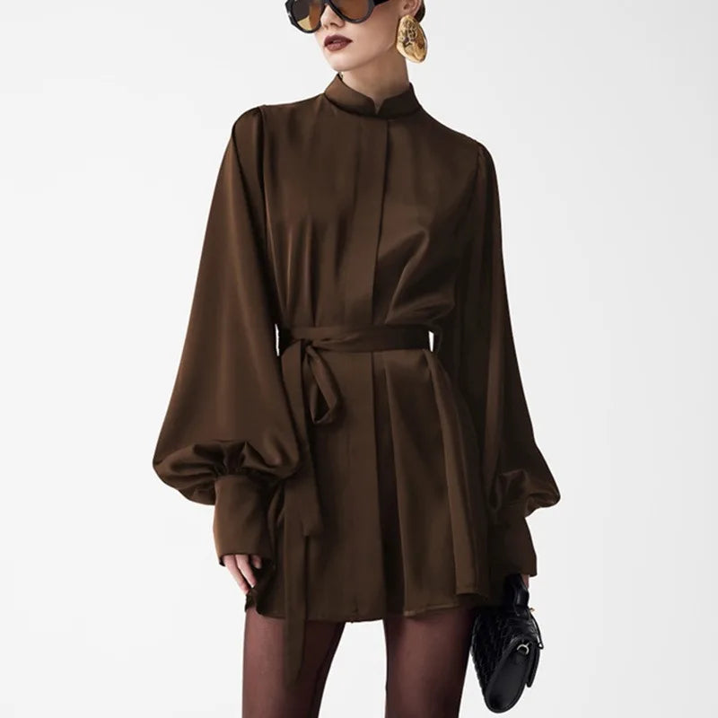 Elegant Lace Up Half High Neck High Waist Mini Dress