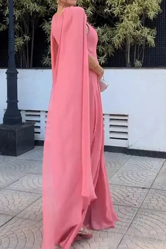 Elegant Hollow Out Shawl Sleeve Pleated High Waist Maxi Dress