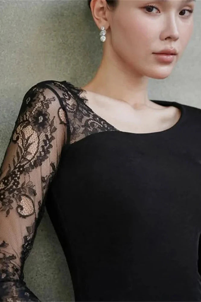 Lace Printed See-Through Long Sleeve Maxi Dress