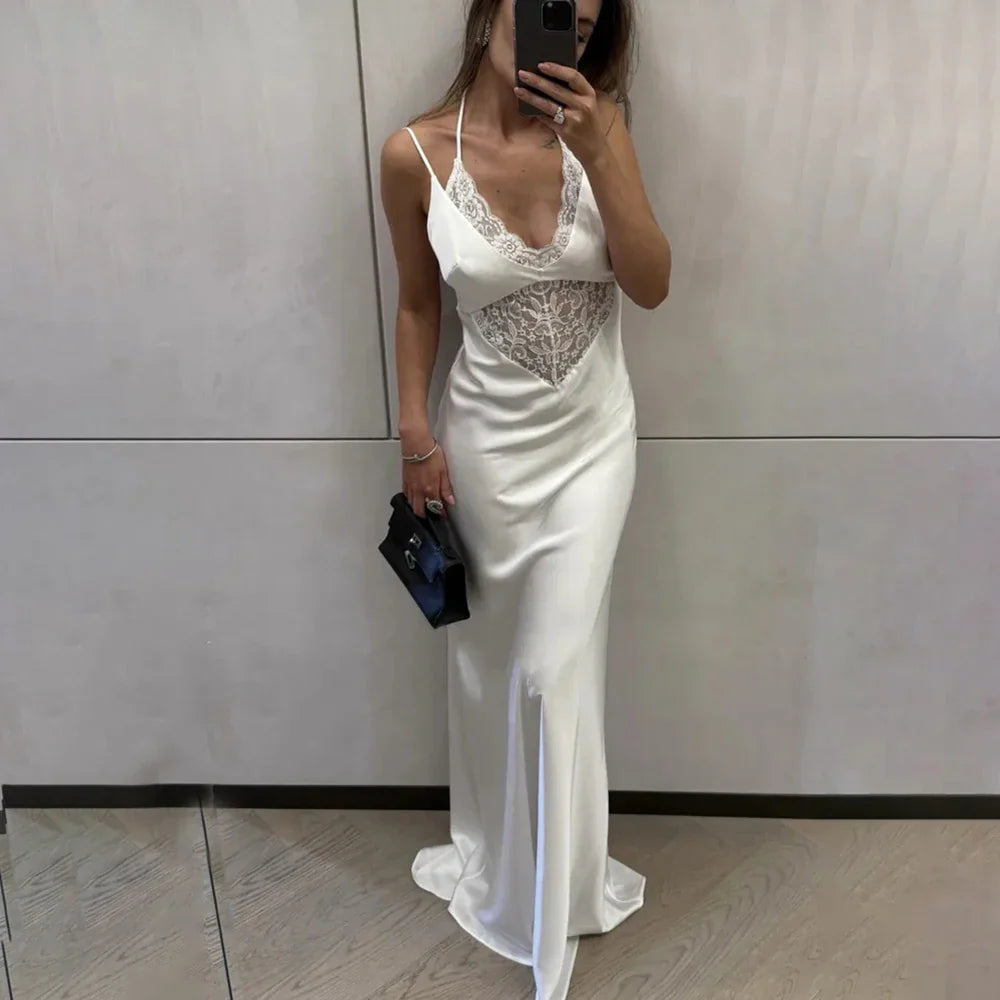 V-Neck Lace Hollow Out Backless Strapless Maxi Dress