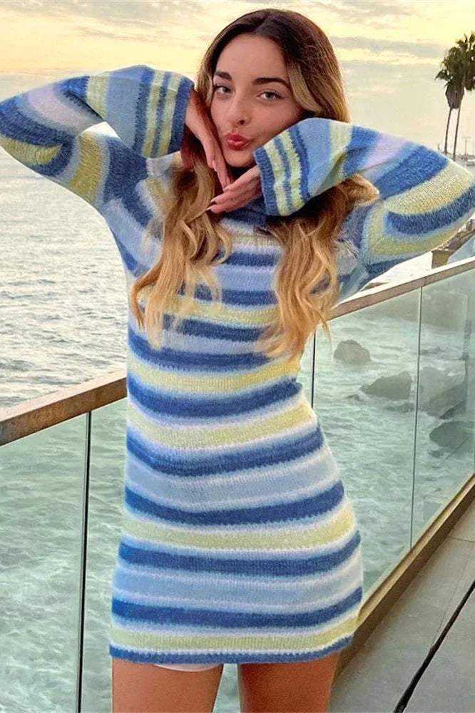 Striped Printed Knit Long Sleeve Loose Backless Mini Dress