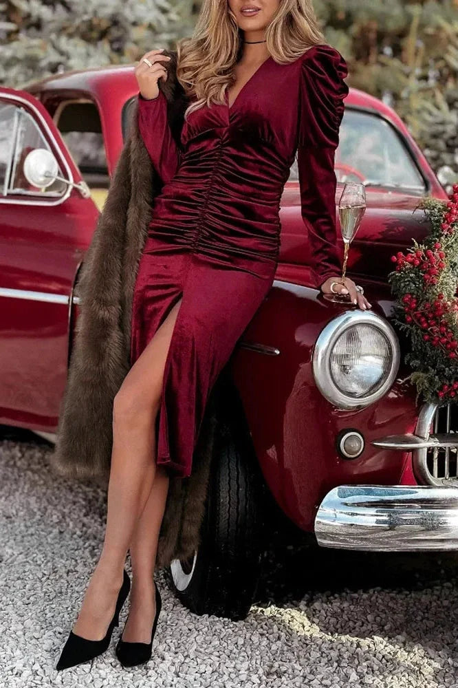 Long Sleeve High Waist Split V-Neck Pleated Midi Dress