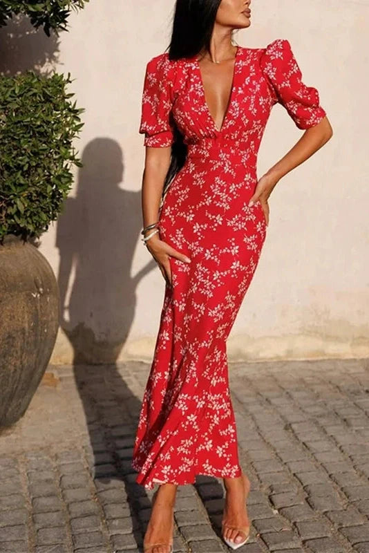 Hollow Out Puff Sleeve Slim V-Neck Printed Pleated Maxi Dress