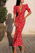 Hollow Out Puff Sleeve Slim V-Neck Printed Pleated Maxi Dress