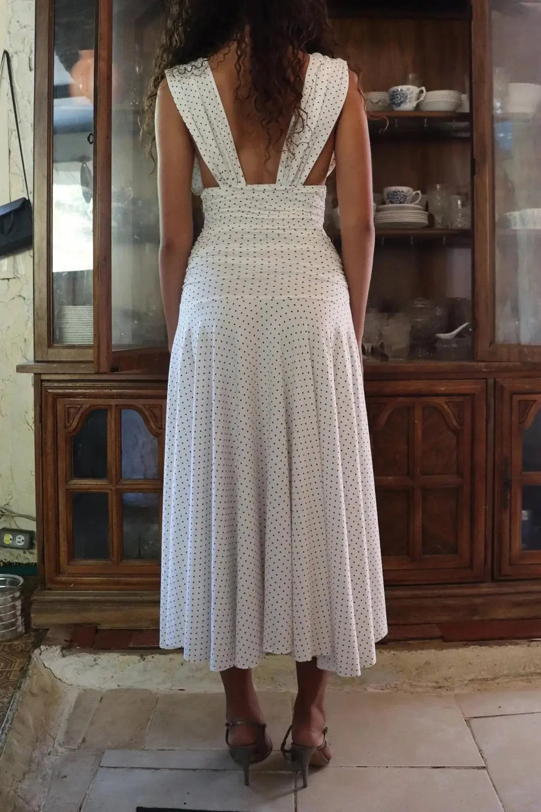 Printed Pleated Waist A-Line Sleeveless V-Neck Midi Dress