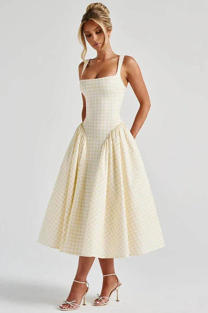 Plaid Printed Spaghetti Strap High Waist A-line Backless Midi Dress