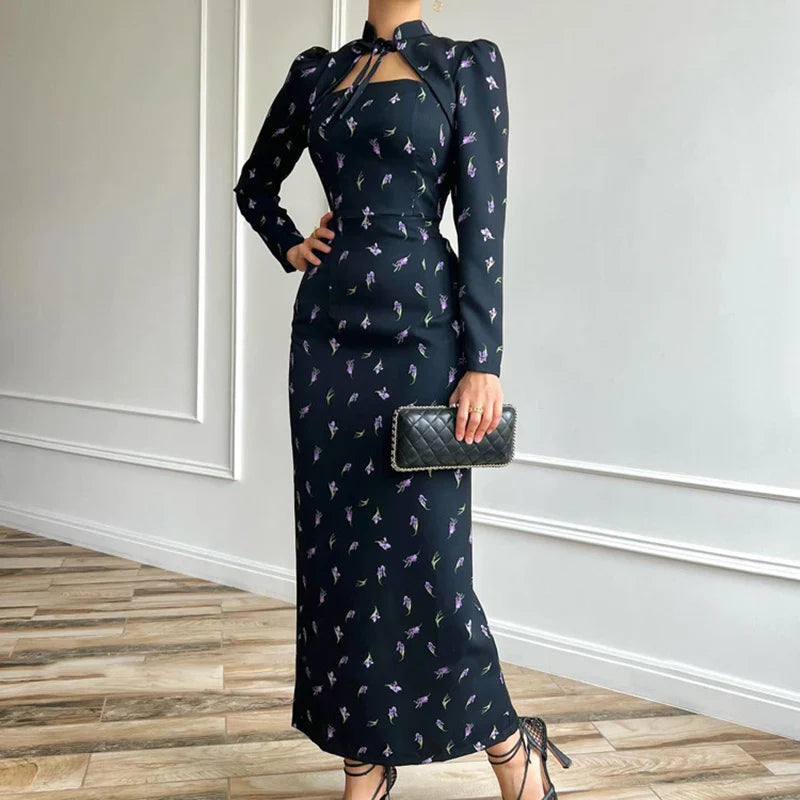Printed Long Sleeve Lace Up Slit Maxi Dress