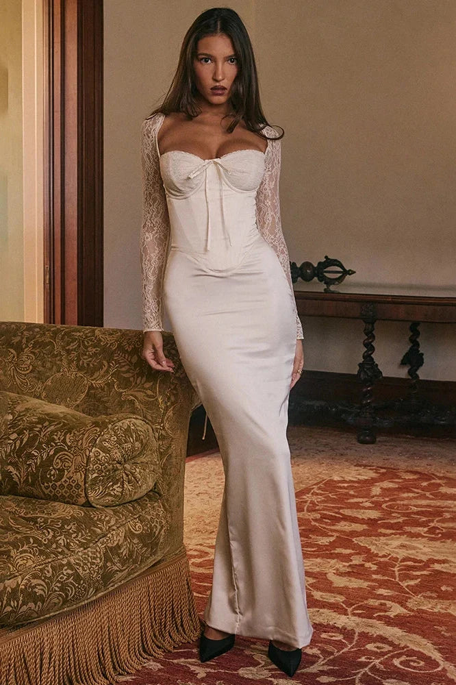 Lace Long Sleeve Square Collar Backless Maxi Dress