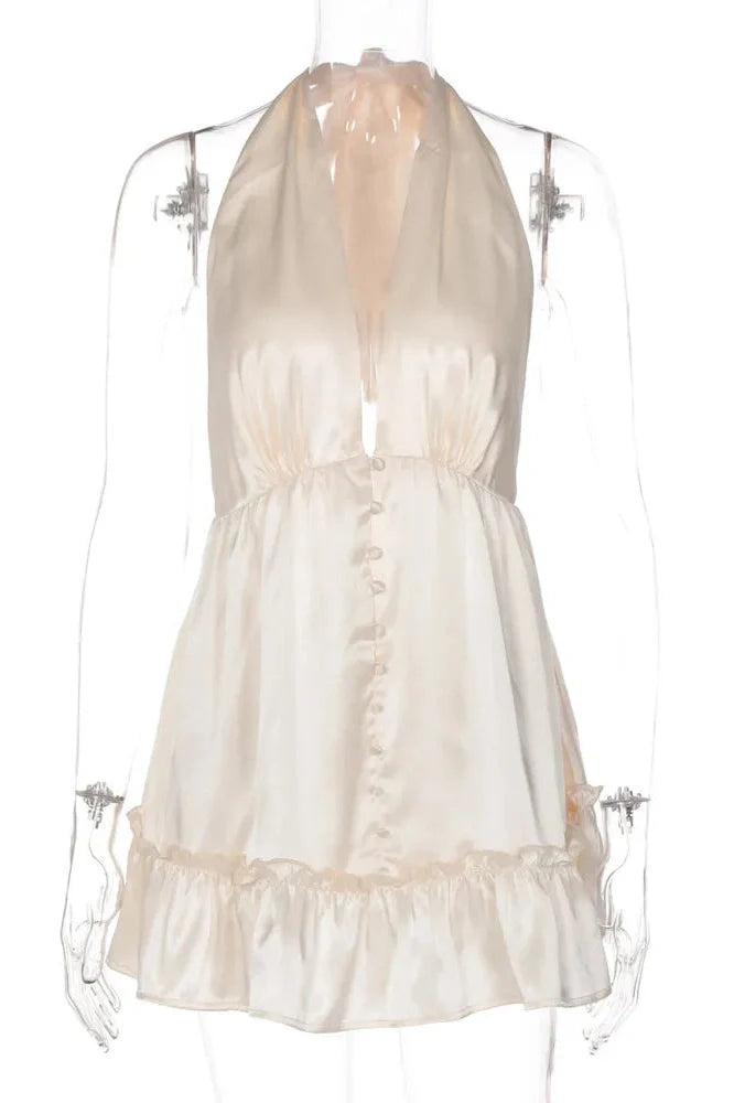 Backless V Neck Sleeveless High Waist A-line Mini Dress