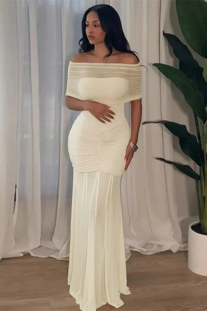 See-Through Pleated Patchwork Off-Shoulder Maxi Dress