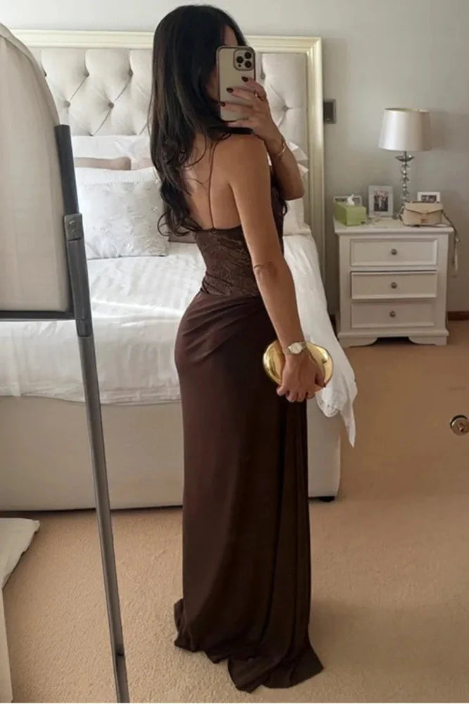 Off-Shoulder Lace See Through Sleeveless Backless Maxi Dress