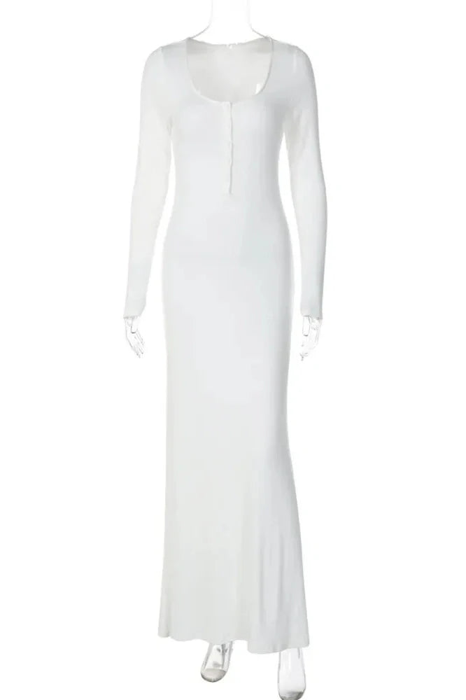Square Collar Long Sleeve Single-Breasted Bodycon Maxi Dress