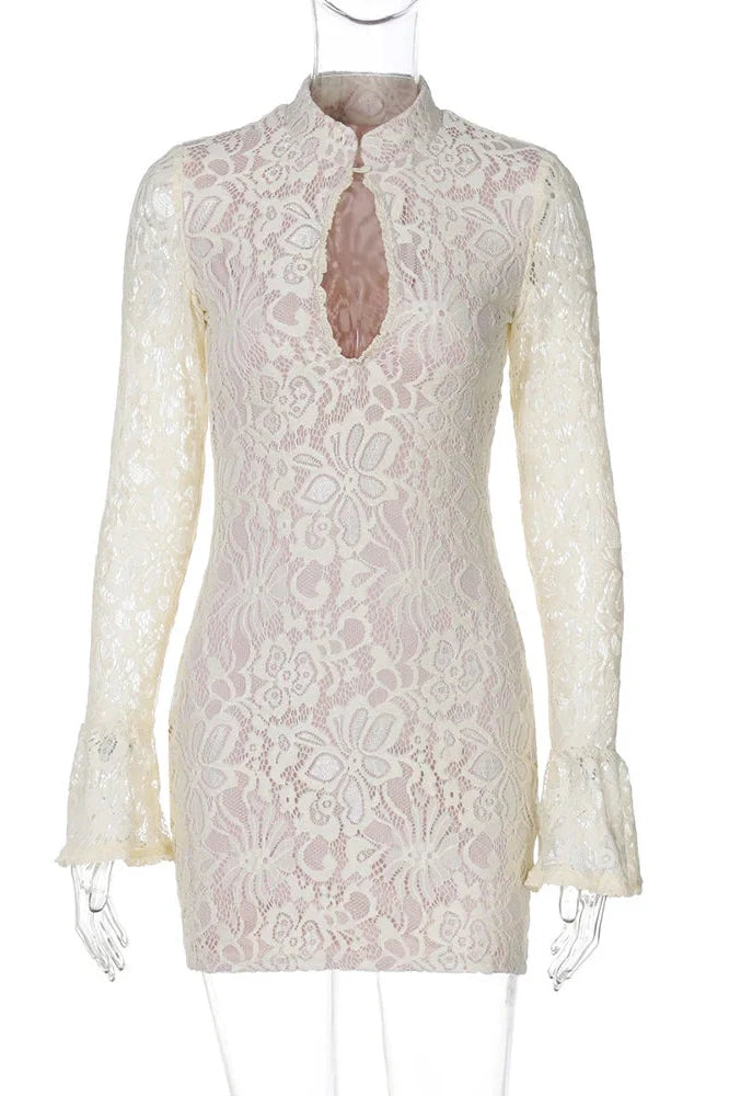 Lace Hollow Out High Waist Long Sleeve Mini Dress