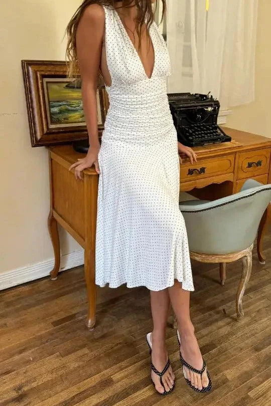 Printed Pleated Waist A-Line Sleeveless V-Neck Midi Dress