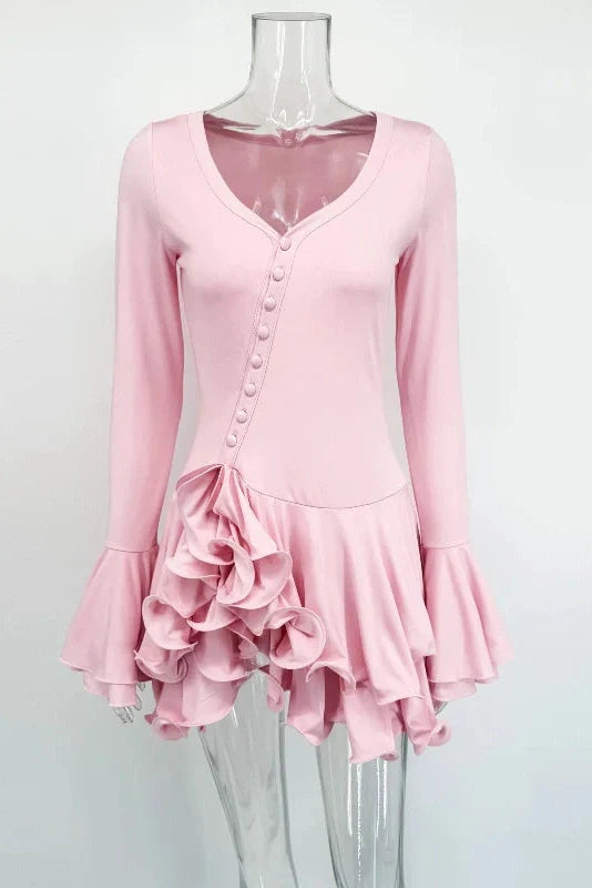 Long Sleeve Slim Single-Breasted V-Neck High Waist Mini Dress