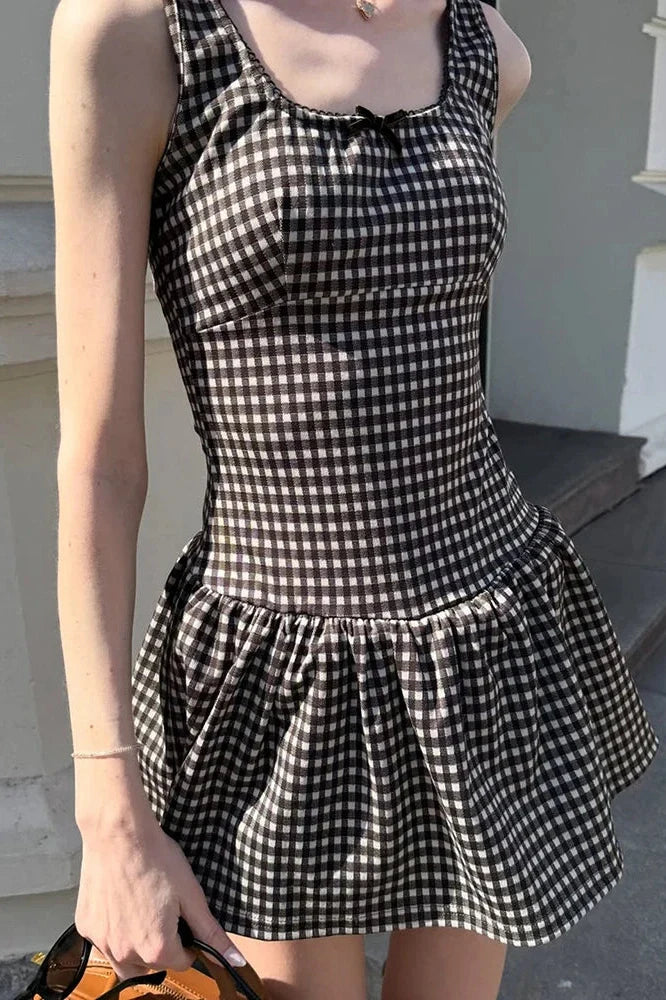 Plaid Printed Square Collar A-Line Sleeveless High Waist Mini Dress