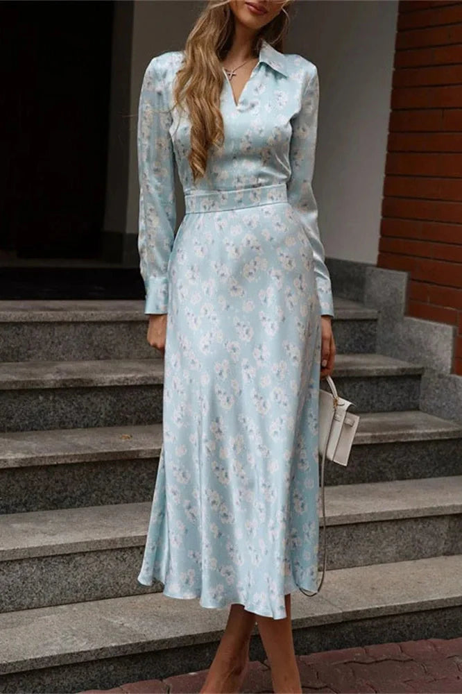 Printed Long Sleeve High Waist Slim Midi Dress