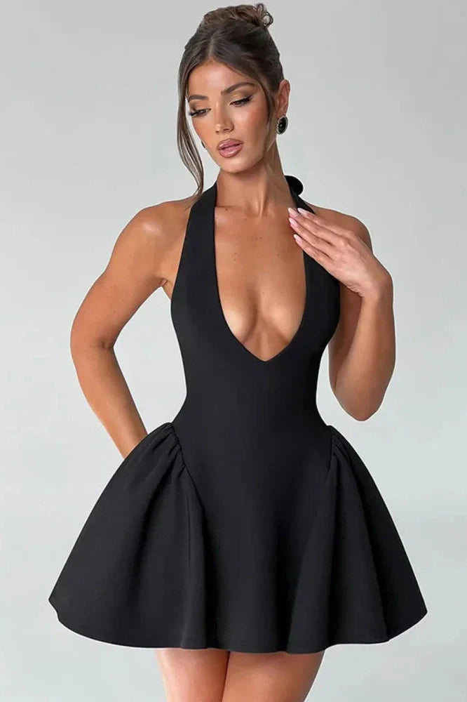 Deep V Neck Sleeveless Backless High Waist A-line Mini Dress
