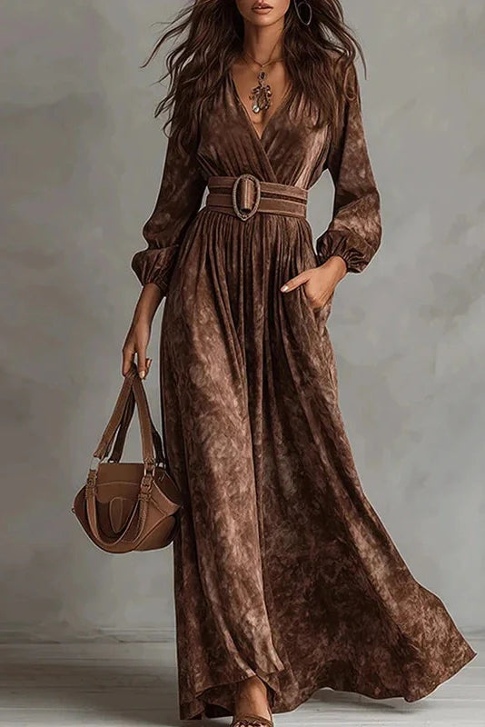 Elegant High Waist Long Sleeve Pleated V-Neck Maxi Dress