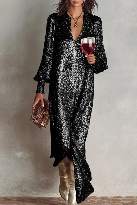 Elegant Long Sleeve V Neck Maxi Dress