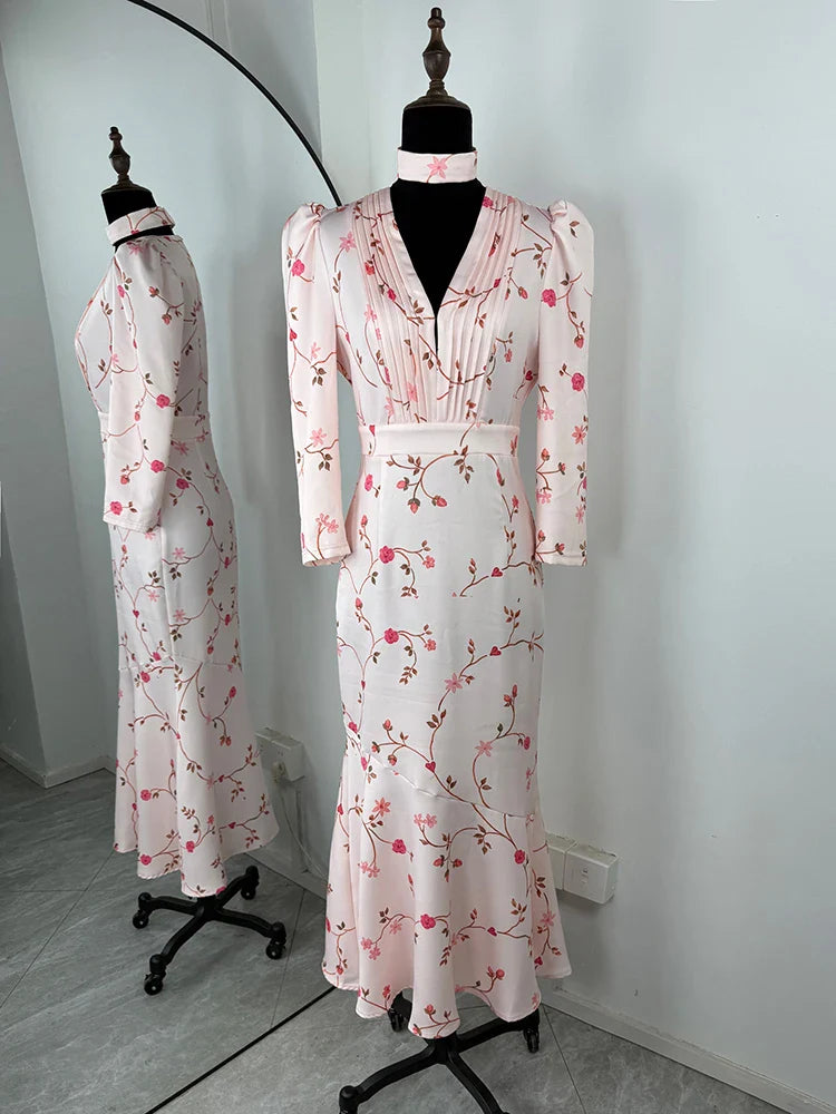 Deep V Neck Slim Long Sleeve High Waist Midi Dress