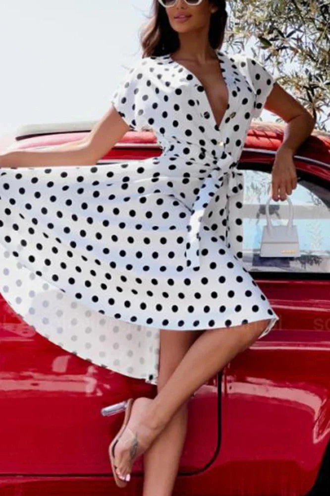 Polka Dot Print V-Neck Button Lace-up Slim A-Line Midi Dress