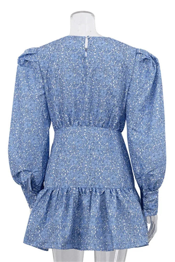 Printed Long Sleeve Pleated Patchwork Slim Mini Dress