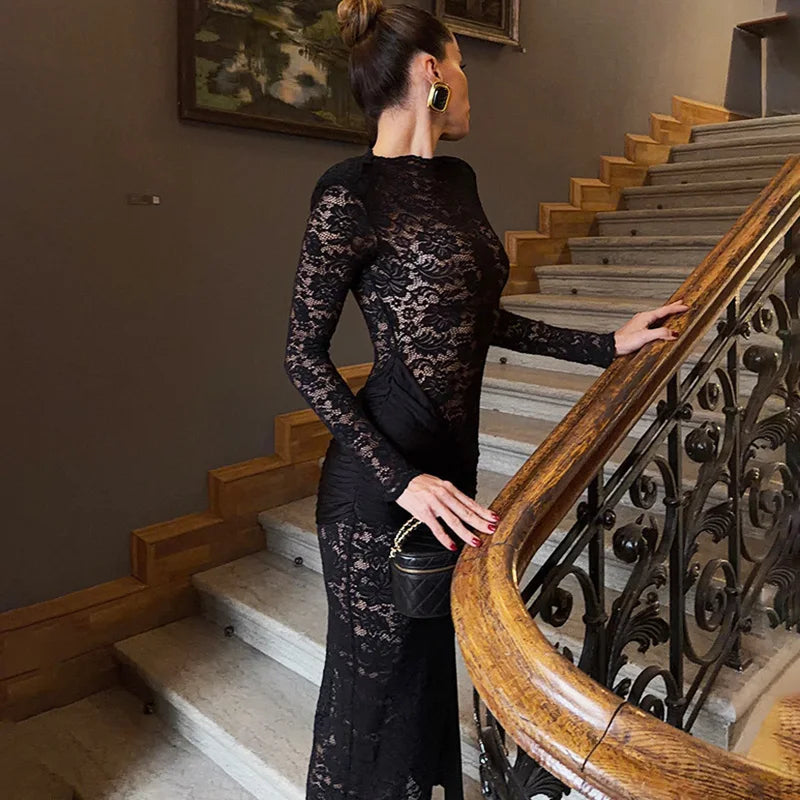 Lace Patchwork Hollow Out See Through Maxi Dress