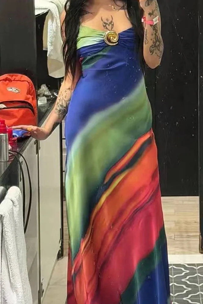 Elegant Printed Sleeveless Slim V-Neck Backless Maxi Dress