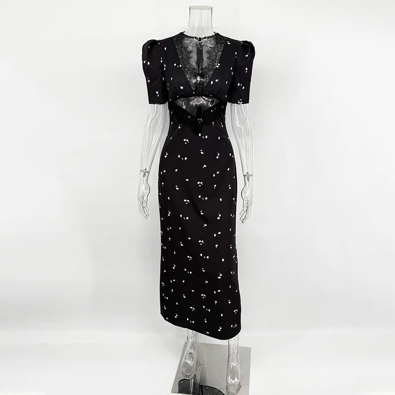 Hollow Lace Short Sleeve Slim Printed Maxi Dress