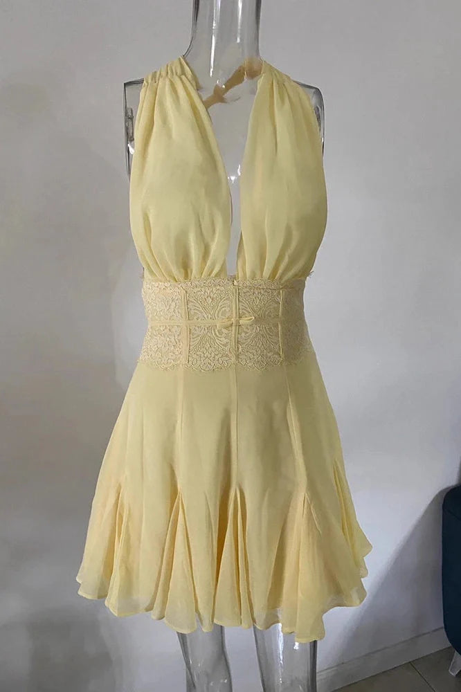 Backless Lace V Neck Sleeveless High Waist A-line Mini Dress