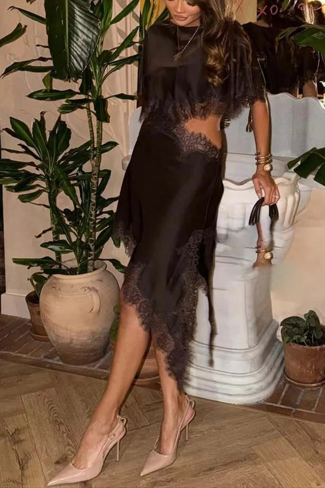 Elegant Hollow Waist O-Neck Lace Loose Pleated Midi Dress