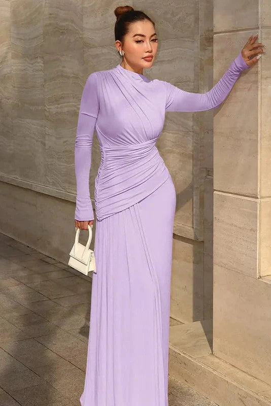 Slim Long Sleeve O Neck Patchwork Pleated Irregular Maxi Dress