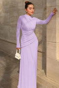 Slim Long Sleeve O Neck Patchwork Pleated Irregular Maxi Dress