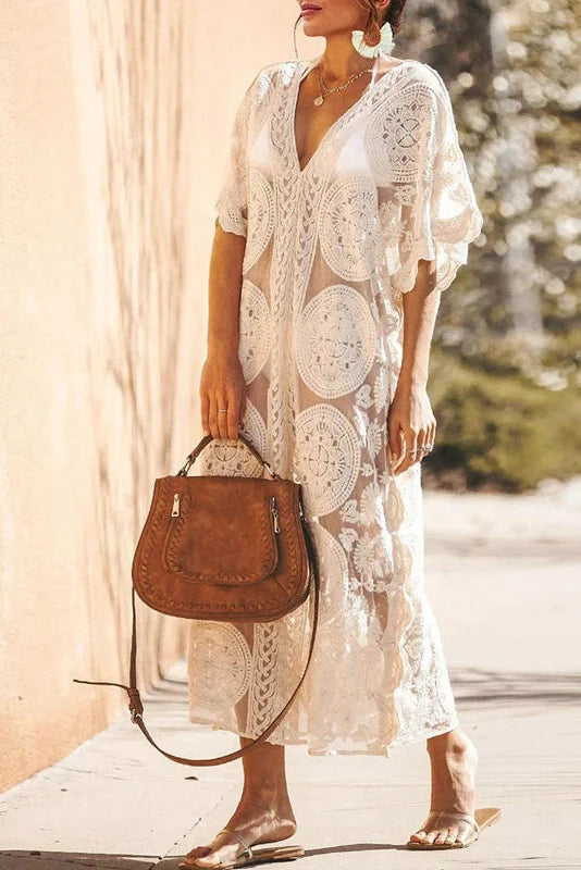 Elegant Lace Hollow V Neck Sleeves Midi Dress