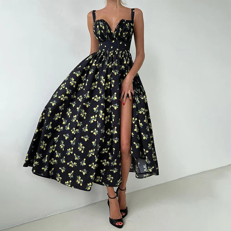 Printed Lace Up High Waist Maxi Dress