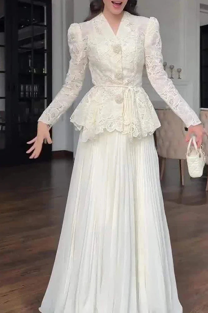 Elegant High Waist Long Sleeve Lace Embroidery Slim Maxi Dress